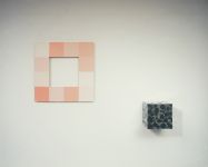 Double skin, 1998, (Holz, Lack, Silikon, Pigment, Glas), 76 x76 cm und 28 x 28 x 28 cm